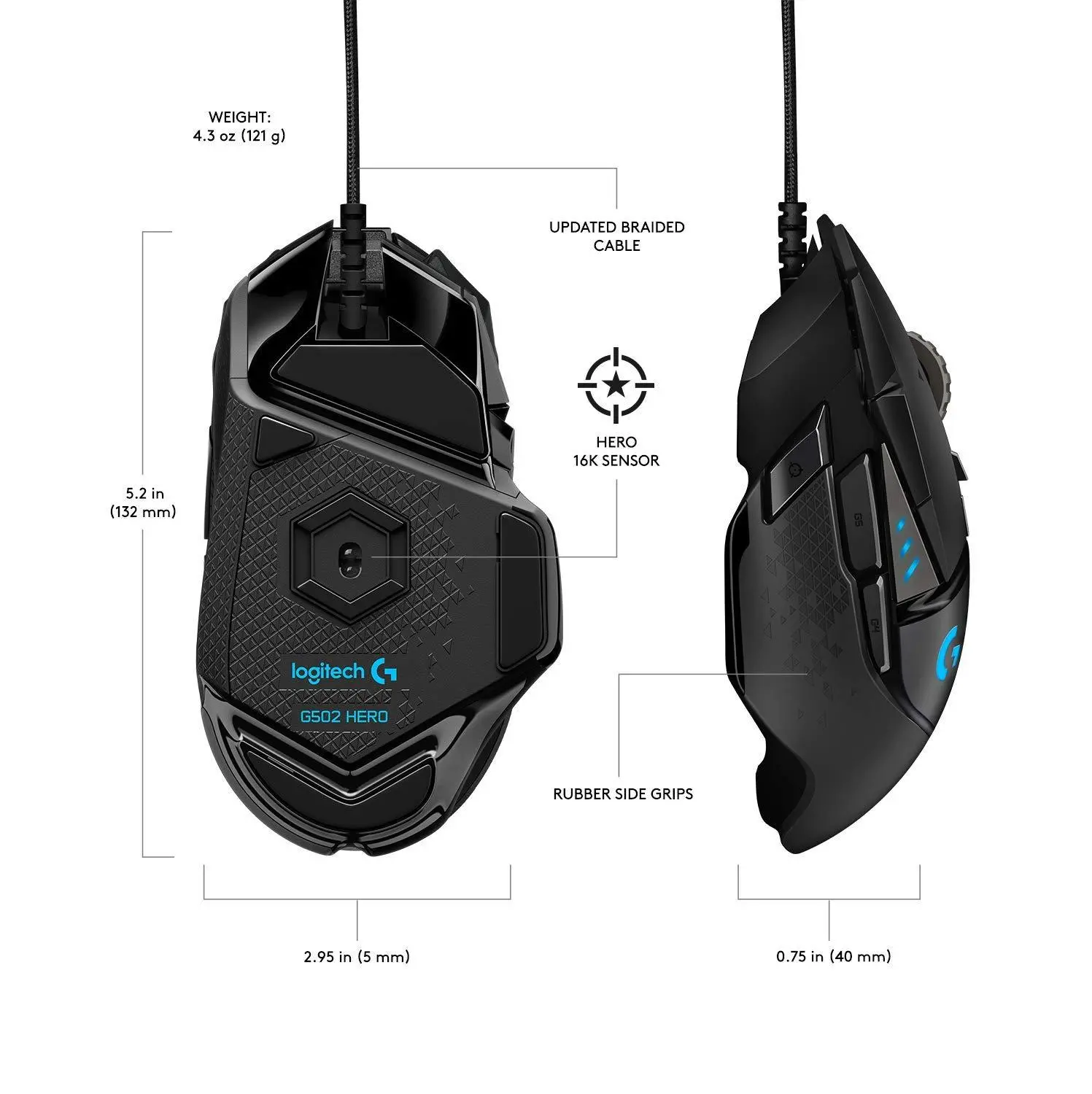 Ποντίκι, Logitech G502 Mouse, Lightsync RGB, HERO 25K DPI Sensor, 400 IPS, 5x3.6g προαιρετικά βάρη, 11 προγραμματιζόμενα κουμπιά, 114g, μαύρο - image 2
