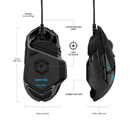 Mouse, Logitech G502 Mouse, Lightsync RGB, HERO 25K DPI Sensor, 400 IPS, 5x3.6g greutăți opționale, 11 butoane programabile, 114g, negru - 3