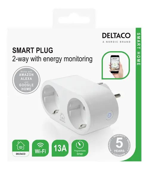 Смарт контакт DELTACO SH-P02E, 2 гнезда, Google Assistant, Alexa, 13А, WiFi 2.4Ghz, 1xCEE 7/3, Бял - image 3
