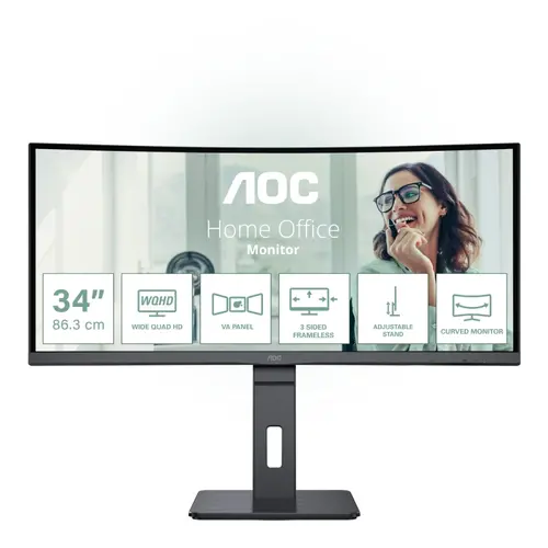 Монитор, AOC CU34P3CV, 34" VA WLED, Curved 1500R, 3440x1440@100Hz, 4ms GtG, 1ms MPRT, 300cd m/2, DCR 3000:1, 50M:1, AdaptiveSync, FlickerFree, Low Blue Light, 5Wx2, Tilt, Height Adjust, Swivel, HDMI, DP, USB hub