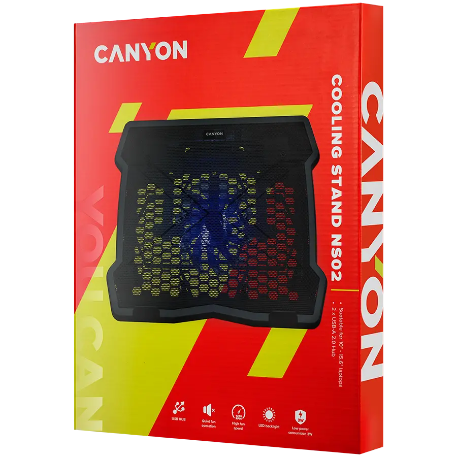 CANYON NS02, Cooling stand single fan with 2x2.0 USB hub, support up to 10”-15.6” laptop, ABS plastic and iron, Fans dimension:125*125*15mm(1pc), DC 5V, fan speed: 800-1000RPM, size:340*265*30mm, 406g - image 3