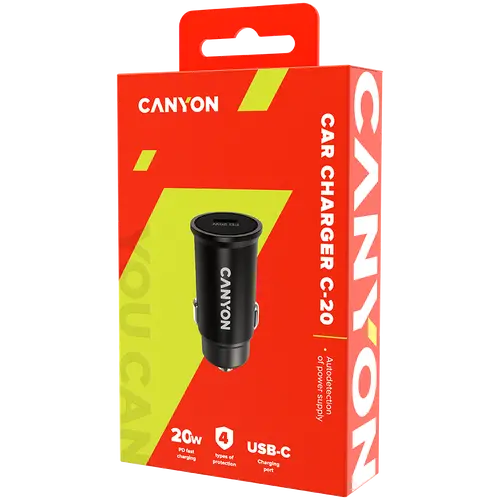Canyon C-20, PD 20W Pocket size car charger, input: DC12V-24V, output: PD20W, support iPhone12 PD fast charging, Compliant with CE RoHs , Size: 50.6*23.4*23.4, 18g, Black - image 4