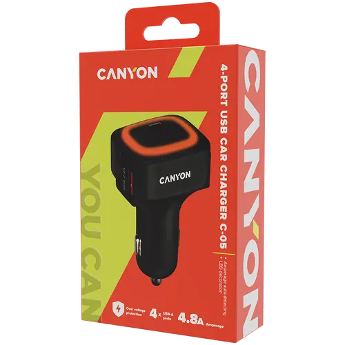 CANYON C-05, Universal 4xUSB car adapter, Input 12V-24V, Output 5V-4.8A, with Smart IC, black rubber coating + orange LED, 71.8*38.8*33mm, 0.034kg - image 2