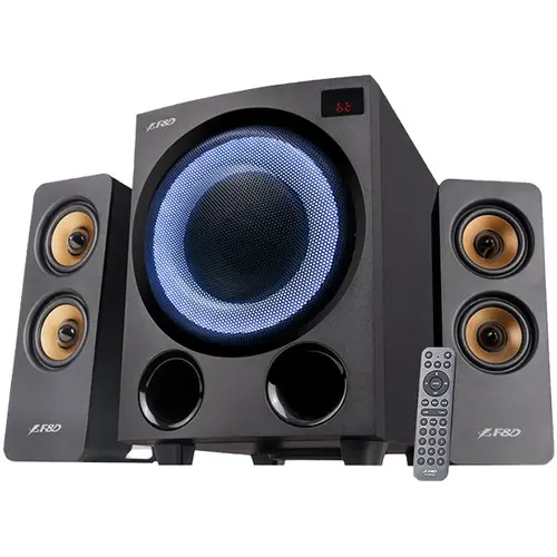 FENDA F&D F770X 2.1 Multimedia Speakers, 76W RMS, 4x2.5'' Satellites + 5.25'' Subwoofer, BT 5.0/Optical/AUX/USB/FM/Multi-color LED/LED Display/Remote Control/Wooden/Black