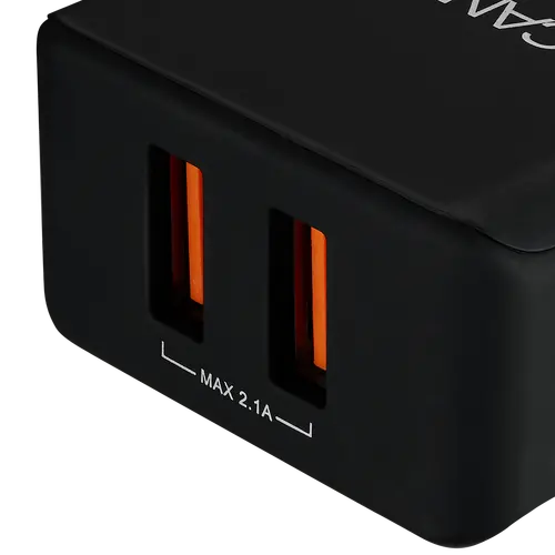 CANYON H-03 Universal 2xUSB AC charger (in wall) with over-voltage protection, Input 100V-240V, Output 5V-2.1A, with Smart IC, black rubber coating with side parts+glossy with other parts, 80*42.5*23.8mm, 0.042kg - image 1