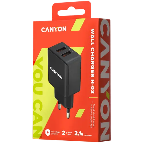 CANYON H-03 Universal 2xUSB AC charger (in wall) with over-voltage protection, Input 100V-240V, Output 5V-2.1A, with Smart IC, black rubber coating with side parts+glossy with other parts, 80*42.5*23.8mm, 0.042kg - image 2