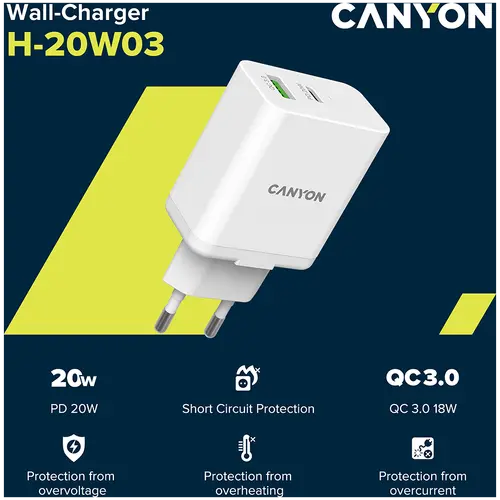 CANYON charger H-20-03 PD 20W QC 3.0 18W USB-A USB-C White - image 3