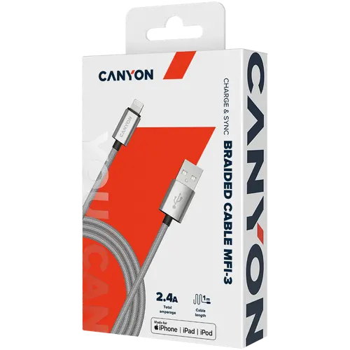 CANYON Charge & Sync MFI braided cable with metalic shell, USB to lightning, certified by Apple, 1m, 0.28mm, Dark gray - image 1