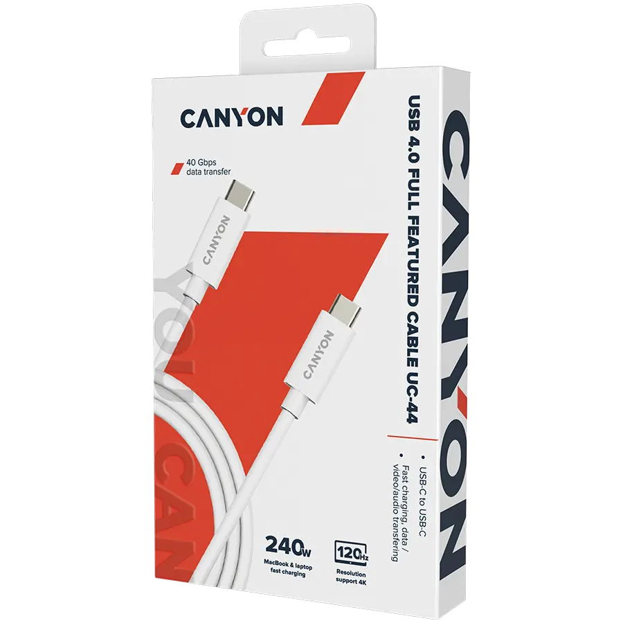CANYON UC-44, cable, U4-CC-5A1M-E, USB4 TYPE-C to TYPE-C cable assembly 40G 1m 5A 240W(ERP) with E-MARK, CE, ROHS, white - image 1