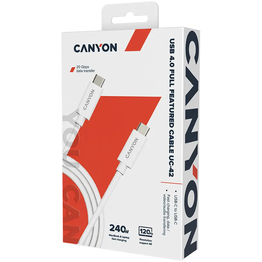 CANYON UC-42, cable, U4-CC-5A2M-E, USB4 TYPE-C to TYPE-C cable assembly 20G 2m 5A 240W(ERP) with E-MARK, CE, ROHS, white - image 1