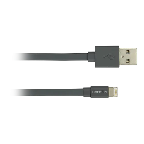 CANYON Charge & Sync MFI flat cable, USB to lightning, certified by Apple, 1m, 0.28mm, Dark gray - image 1