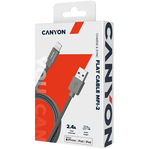 CANYON Charge & Sync MFI flat cable, USB to lightning, certified by Apple, 1m, 0.28mm, Dark gray - image 2
