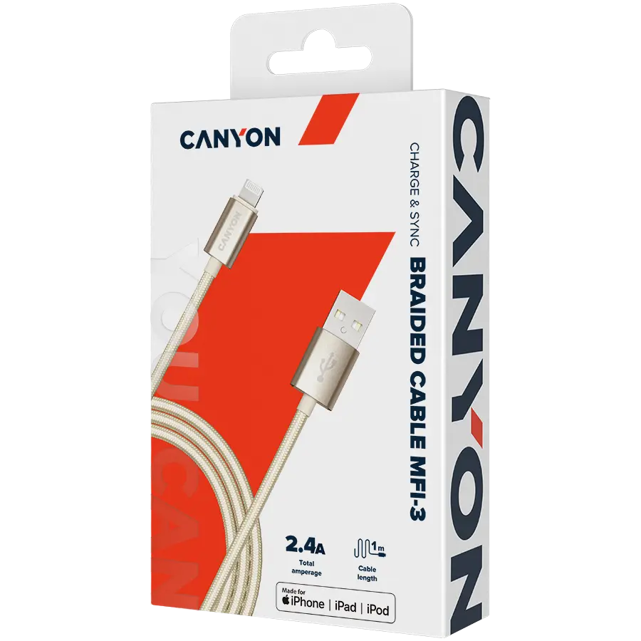 CANYON Charge & Sync MFI braided cable with metalic shell, USB to lightning, certified by Apple, 1m, 0.28mm, Golden - image 2
