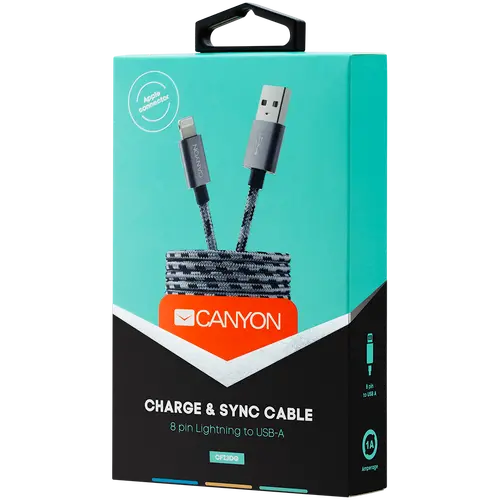 CANYON Lightning USB Cable for Apple, braided, metallic shell, 1M, Dark gray - image 1