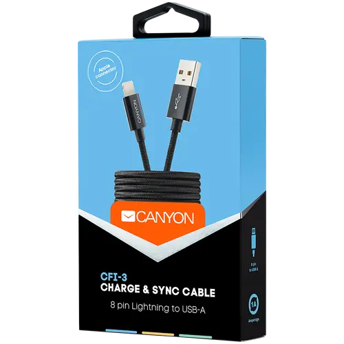 CANYON CFI-3, Lightning USB Cable for Apple, braided, metallic shell, cable length 1m, Black, 14.9*6.8*1000mm, 0.02kg - image 4