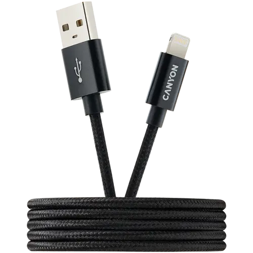 CANYON CFI-3, Lightning USB Cable for Apple, braided, metallic shell, cable length 1m, Black, 14.9*6.8*1000mm, 0.02kg