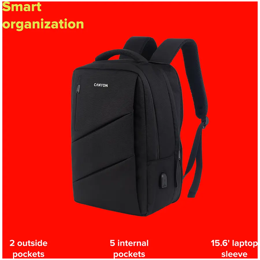 CANYON BPE-5, Laptop backpack for 15.6 inch, Product spec/size(mm): 400MM x300MM x 120MM(+60MM), Red, EXTERIOR materials:100% Polyester, Inner materials:100% Polyestermax weight (KGS): 12kgs - image 5