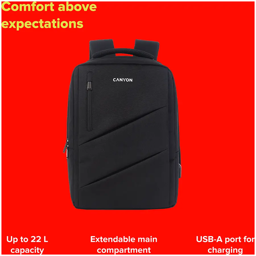 CANYON BPE-5, Laptop backpack for 15.6 inch, Product spec/size(mm): 400MM x300MM x 120MM(+60MM),Black, EXTERIOR materials:100% Polyester, Inner materials:100% Polyestermax weight (KGS): 12kg - image 5