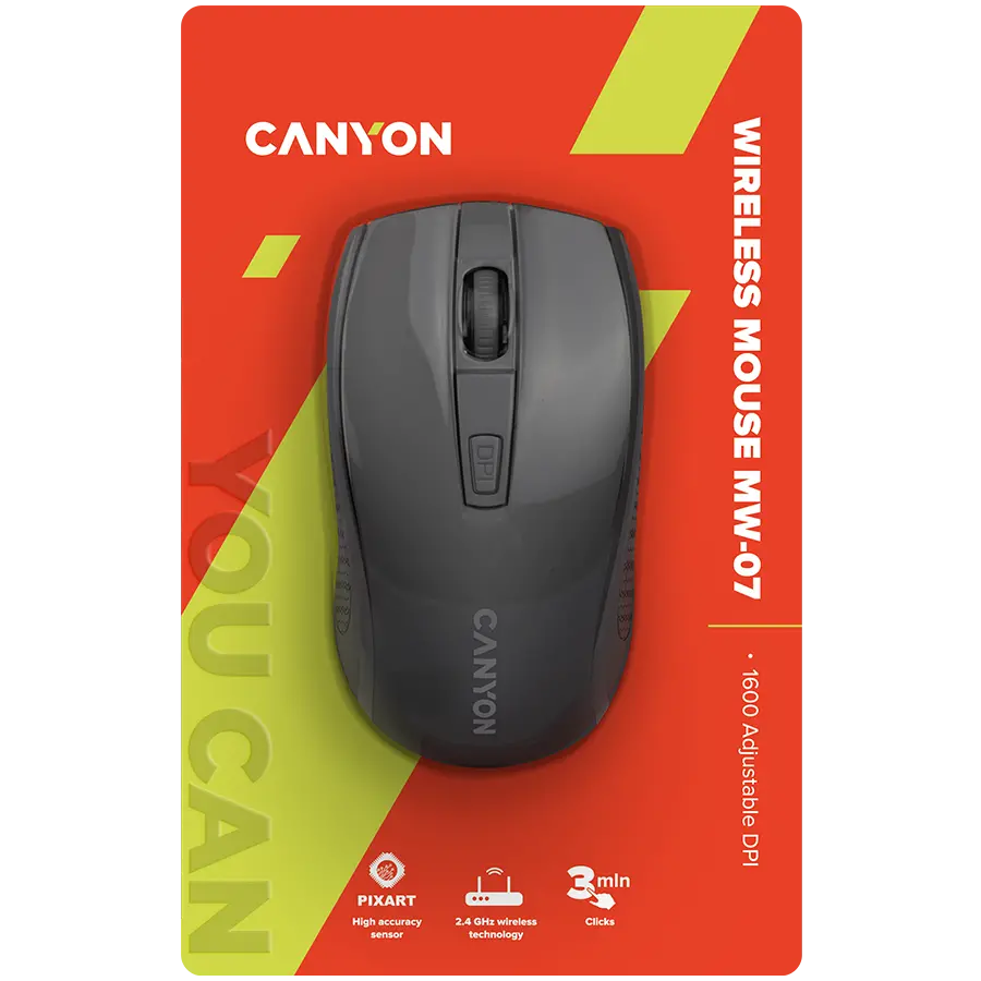 CANYON MW-7, 2.4Ghz ασύρματο ποντίκι, 4 πλήκτρα, DPI 800/1200/1600, με 1 μπαταρία AA, διαστάσεις 110*60*37mm, 58g, μαύρο - image 5