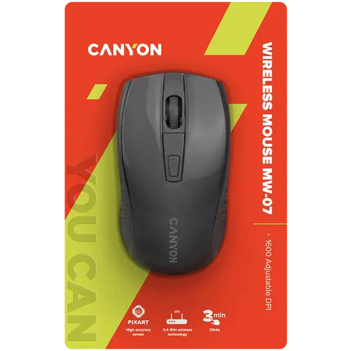 CANYON MW-7, ασύρματο ποντίκι 2.4Ghz, 6 πλήκτρα, DPI 800/1200/1600, με 1 μπαταρία AA, διαστάσεις 110*60*37mm, 58g, μαύρο - 6