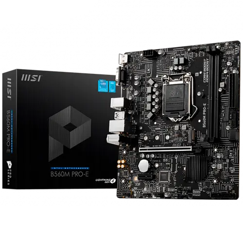 MSI B560M PRO-E,m-ATX,Socket 1200,Intel B560 Chipset,2 DIMMs,Dual Channel DDR4 up to 4800(OC)MHz,1x PCIe x16 slot,1x M.2 slot,2x USB 3.2 Gen 1,4x USB 2.0,1x HDMI,1x VGA,1G LAN,7.1 Audio,3y warranty