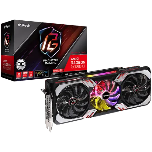 ASROCK Video Card AMD Radeon RX6800 XT Phantom Gaming 16GB OC, GDDR6, 256-bit, 3 x DisplayPort™ 1.4 with DSC, 1 x HDMI™ 2.1 VRR, 3 x 8-pin Power Connectors, Recommended PSU 800W