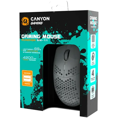 CANYON Puncher GM-11, Gaming Mouse with 7 programmable buttons, Pixart 3519 optical sensor, 4 levels of DPI and up to 4200, 5 million times key life, 1.65m Ultraweave cable, UPE feet and colorful RGB lights, White, size:128.5x67x37.5mm, 105g - image 3
