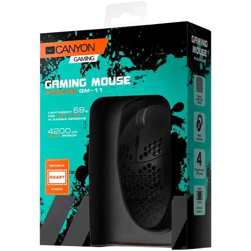 CANYON Puncher GM-11, Gaming Mouse with 7 programmable buttons, Pixart 3519 optical sensor, 4 levels of DPI and up to 4200, 5 million times key life, 1.65m Ultraweave cable, UPE feet and colorful RGB lights, Black, size:128.5x67x37.5mm, 105g - image 3