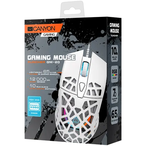CANYON Puncher GM-20, High-end Gaming Mouse with 7 programmable buttons, Pixart 3360 optical sensor, 6 levels of DPI and up to 12000, 10 million times key life, 1.65m Ultraweave cable, Low friction with PTFE feet and colorful RGB lights, white, size: - image 3