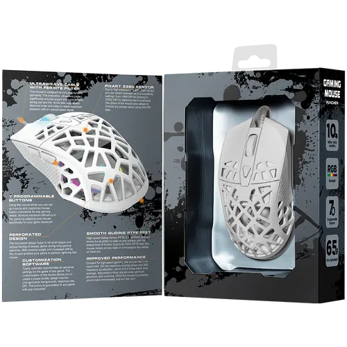 CANYON Puncher GM-20, High-end Gaming Mouse with 7 programmable buttons, Pixart 3360 optical sensor, 6 levels of DPI and up to 12000, 10 million times key life, 1.65m Ultraweave cable, Low friction with PTFE feet and colorful RGB lights, white, size: - image 4