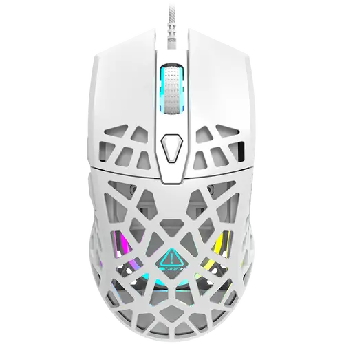 CANYON Puncher GM-20, High-end Gaming Mouse with 7 programmable buttons, Pixart 3360 optical sensor, 6 levels of DPI and up to 12000, 10 million times key life, 1.65m Ultraweave cable, Low friction with PTFE feet and colorful RGB lights, white, size: