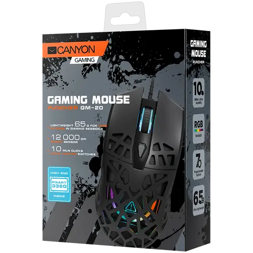 CANYON Puncher GM-20, High-end Gaming Mouse with 7 programmable buttons, Pixart 3360 optical sensor, 6 levels of DPI and up to 12000, 10 million times key life, 1.65m Ultraweave cable, Low friction with PTFE feet and colorful RGB lights, Black, size: - image 3