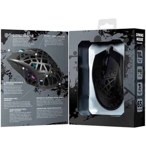 CANYON Puncher GM-20, High-end Gaming Mouse with 7 programmable buttons, Pixart 3360 optical sensor, 6 levels of DPI and up to 12000, 10 million times key life, 1.65m Ultraweave cable, Low friction with PTFE feet and colorful RGB lights, Black, size: - image 4
