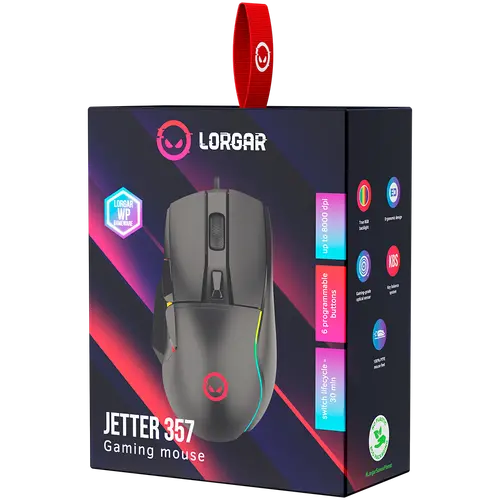 LORGAR Jetter 357, gaming mouse, Optical Gaming Mouse with 6 programmable buttons, Pixart ATG4090 sensor, DPI can be up to 8000, 30 million times key life, 1.8m PVC USB cable, Matt UV coating and RGB lights with 4 LED flowing mode, size:124.90*71.65*41.36mm, 115g - image 6