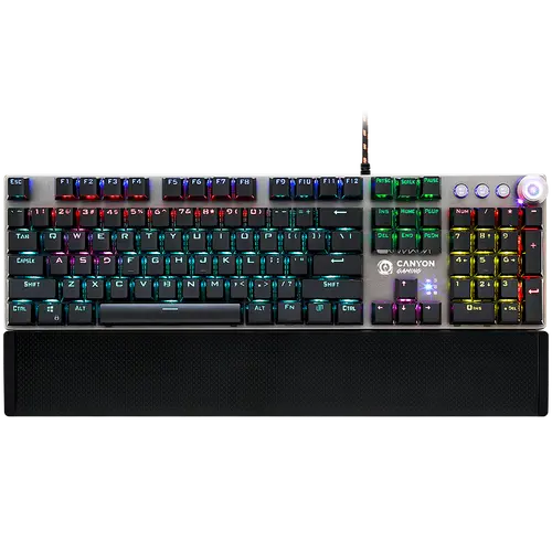 CANYON Nightfall GK-7, Wired Gaming Keyboard,Black 104 mechanical switches,60 million times key life, 22 types of lights,Removable magnetic wrist rest,4 Multifunctional control knob,Trigger actuation 1.5mm,1.6m Braided cable,US layout,dark grey, size:435*125*37.47mm