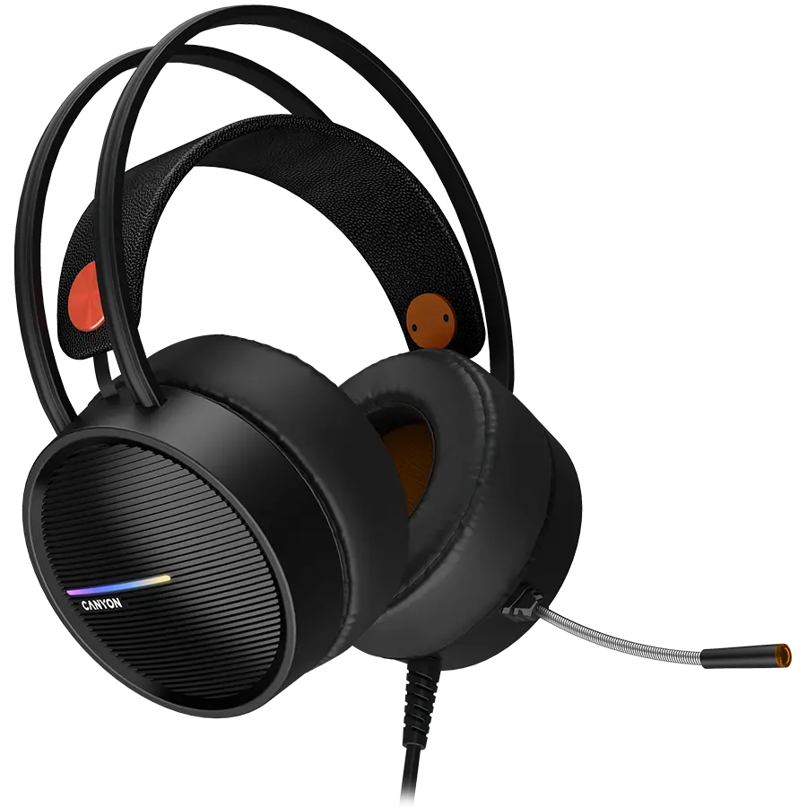 CANYON INTERCEPTOR GH-8A, Gaming headset 3.5mm jack plus USB connector for LED backlight, adjustable microphone and volume control, with 2in1 3.5mm adapter, cable 2M, Black and Orange, 0.36kg - image 1