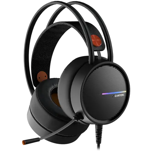 CANYON INTERCEPTOR GH-8A, Gaming headset 3.5mm jack plus USB connector for LED backlight, adjustable microphone and volume control, with 2in1 3.5mm adapter, cable 2M, Black and Orange, 0.36kg