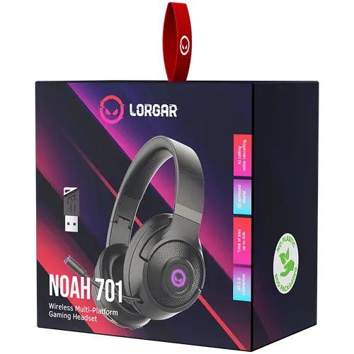 LORGAR Noah 701, gaming headset with microphone, 2.4GHz USB dongle + BT 5.1 Realtek 8763, battery 1000mAh, type-C charging cable 0.8m, audio cable 1.5m, size:195*185*80mm, 0.28kg. Black - image 4