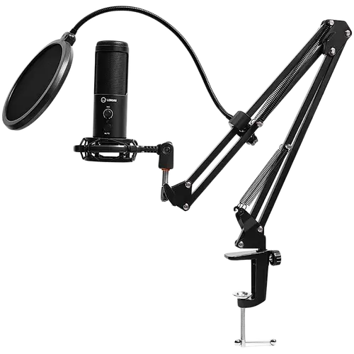 LORGAR Voicer 931, Gaming Microphone, Black, USB condenser microphone with desktop boom arm, pop filter, tripod stand, including 1* microphone, 1*desktop boom arm with C-clamp, 1*shock mount, 1*shock mount ring, 1*pivot mount,1*pop filter, 1*windscreen cap, 1*2.5m USB-A to Type C cable, 1* extra tripod