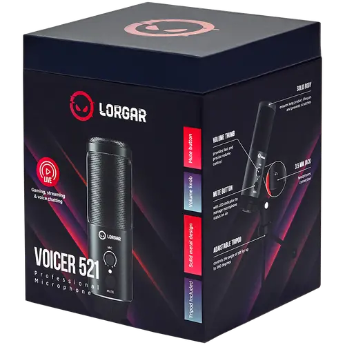 LORGAR Voicer 521, Gaming Microphone, Black, USB condenser mic with Volume Knob, 3.5MM headphonejack, mute button and led indicator, package including 1x F5 Microphone, 1 x 2M type-C USB Cable, 1 xTripod Stand - image 4