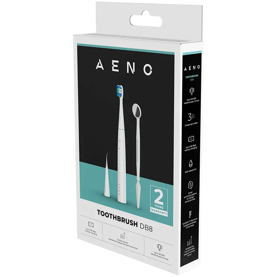 AENO Sonic Ηλεκτρική οδοντόβουρτσα, DB8: Λευκό, 3 λειτουργίες, 3 κεφαλές βούρτσας + 1 εργαλείο καθαρισμού, 1 καθρέφτης, 30000rpm, 100 ημέρες χωρίς - image 2