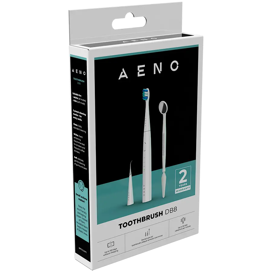 AENO Sonic Ηλεκτρική οδοντόβουρτσα, DB8: Λευκό, 3 λειτουργίες, 3 κεφαλές βούρτσας + 1 εργαλείο καθαρισμού, 1 καθρέφτης, 30000rpm, 100 ημέρες χωρίς - image 3