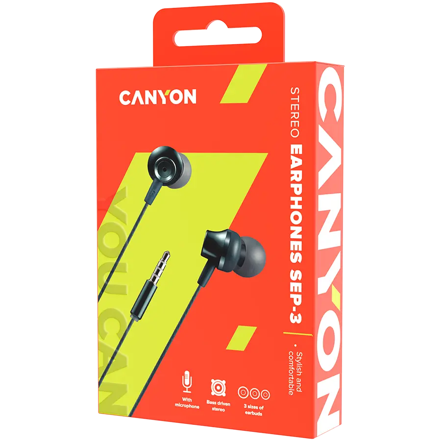 CANYON Stereo earphones with microphone, metallic shell, 1.2M, dark gray - image 2