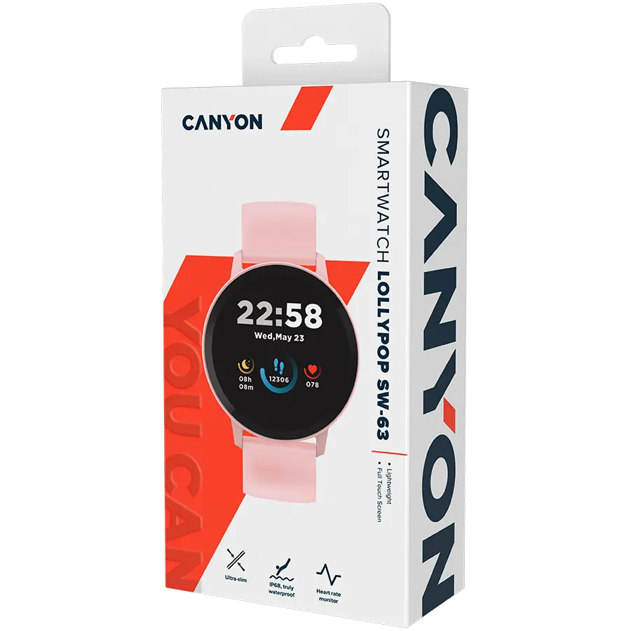 CANYON Lollypop SW-63, Smart watch, 1.3inches IPS full touch screen, Round watch, IP68 waterproof, multi-sport mode, BT5.0, compatibility with iOS and android, Pink, Host: 25.2*42.5*10.7mm, Strap: 20*250mm, 45g - image 5