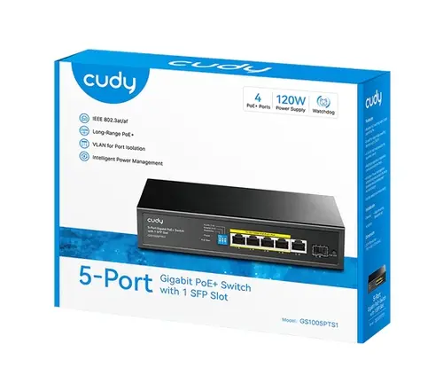 Комутатор, Cudy GS1005PTS1 5-Port Gigabit PoE+ Switch with 1 SFP Port 120W5-Port 10/100/1000M PoE+ Switch 120W, 4-Port 10/100/1000M PoE+ ports, Fanless, 120W Internal Power Supply - image 1