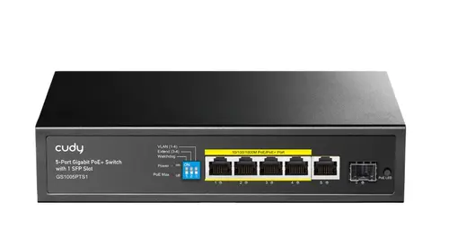 Комутатор, Cudy GS1005PTS1 5-Port Gigabit PoE+ Switch with 1 SFP Port 120W5-Port 10/100/1000M PoE+ Switch 120W, 4-Port 10/100/1000M PoE+ ports, Fanless, 120W Internal Power Supply