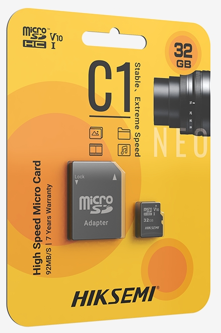 Памет, Hiksemi microSDHC 32G, Class 10 and UHS-I TLC, Up to 92MB/s read speed, 15MB/s write speed, V10 with Adapter - image 1