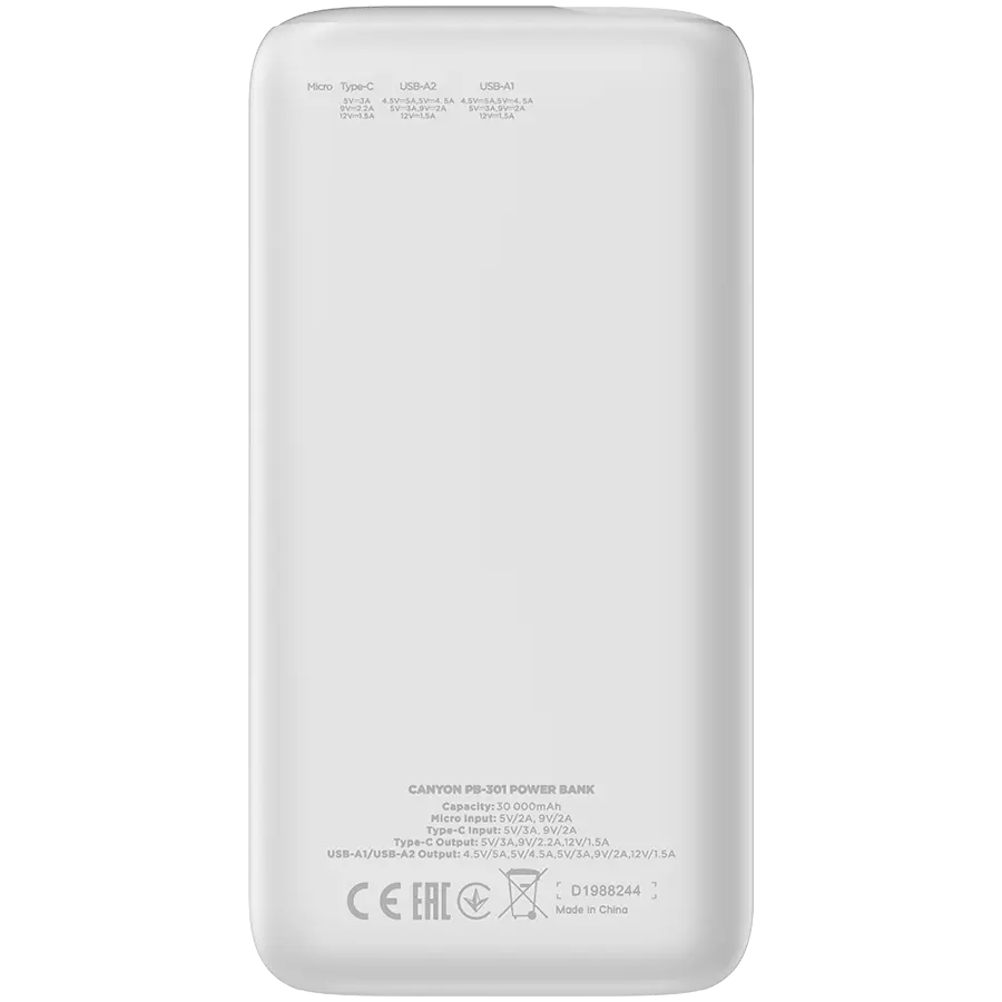 CANYON power bank PB-301 LED 30000 mAh PD 20W QC 3.0 White - image 2