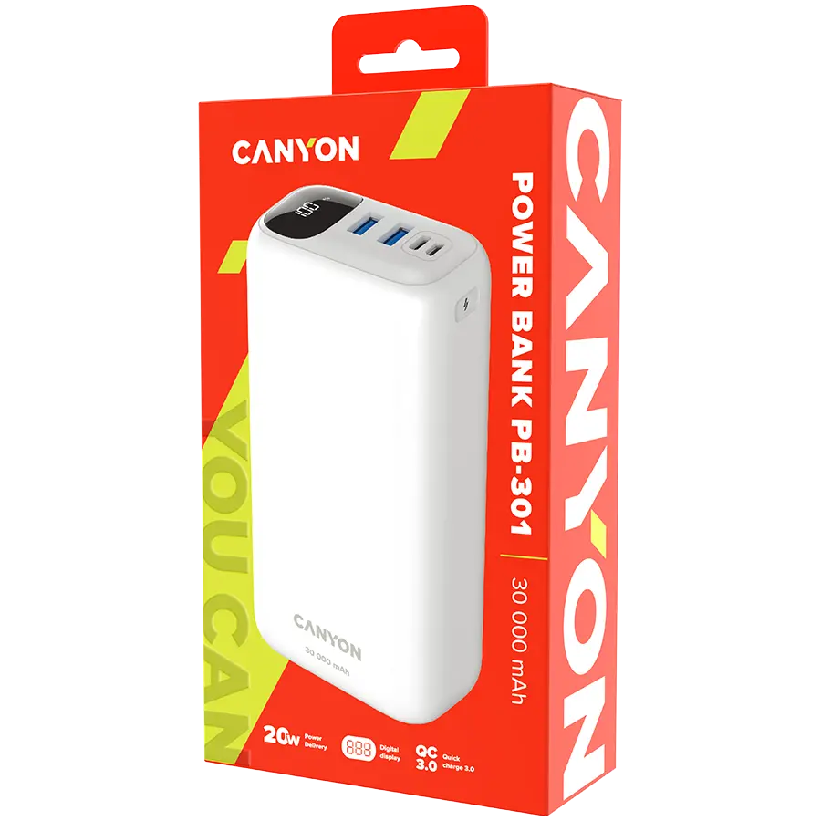 CANYON power bank PB-301 LED 30000 mAh PD 20W QC 3.0 White - image 3