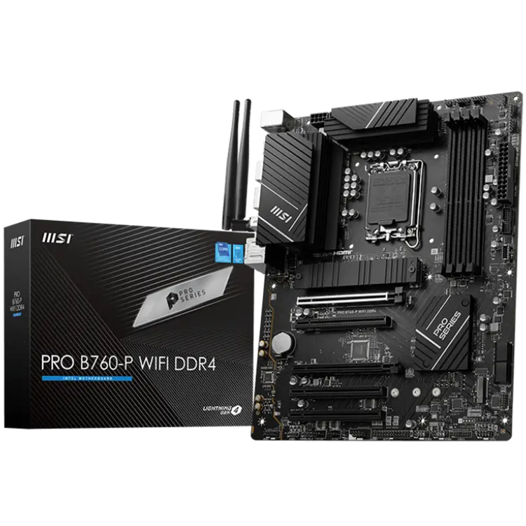 MSI PRO B760-P WIFI DDR4, ATX, Socket 1700, Dual Channel DDR4 5333(OC)MHz, 2x PCIe x16 slots, 2x M.2 slots, 1x HDMI, 1x DP, 1x USB 3.2 Gen 2x2 Type-C, 3x USB 3.2 Gen 2, 4x USB 2.0, 7.1 HD Audio, 2.5Gbps LAN, WI-FI 6E, BT, 3Y